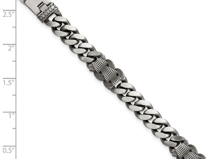 Sterling Silver Black Ruthenium-plated Brushed and Textured Fancy Flat Curb Chain Mens 8. Necklace
