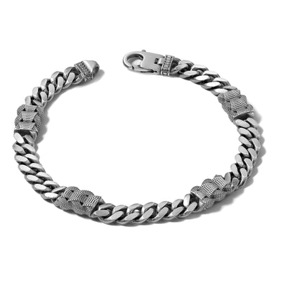Sterling Silver Black Ruthenium-plated Brushed and Textured Fancy Flat Curb Chain Mens Bracelet