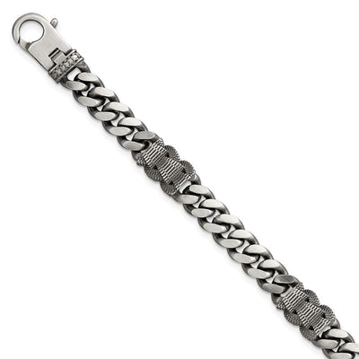 Sterling Silver Black Ruthenium-plated Brushed and Textured Fancy Flat Curb Chain Mens Bracelet