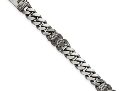 Sterling Silver Black Ruthenium-plated Brushed and Textured Fancy Flat Curb Chain Mens 8. Necklace