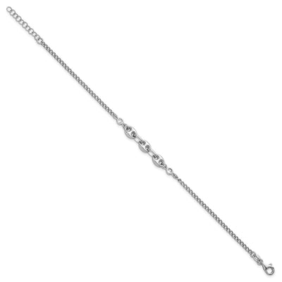 Sterling Silver Rhodium-plated Puffed Mariner Center with Side CZs with Extender Bracelet