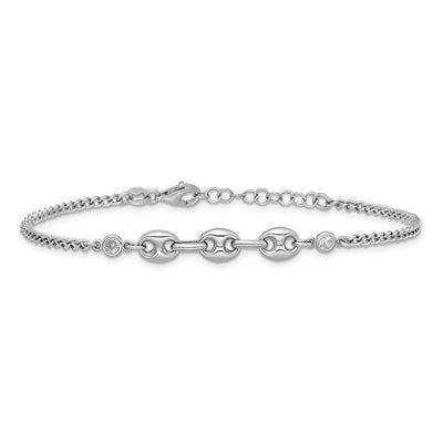 Sterling Silver Rhodium-plated Puffed Mariner Center with Side CZs with Extender Bracelet