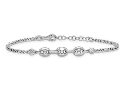 Sterling Silver Rhodium-plated Puffed Mariner Center with Side CZs with Extender Necklace