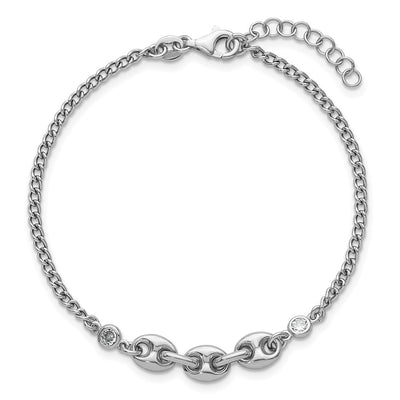 Sterling Silver Rhodium-plated Puffed Mariner Center with Side CZs with Extender Bracelet