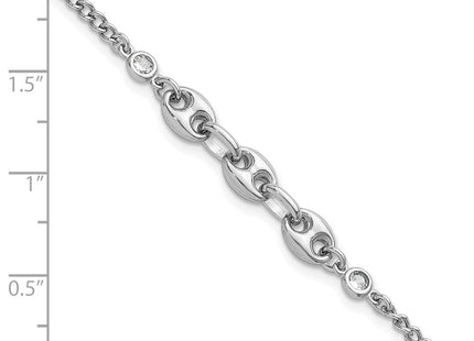 Sterling Silver Rhodium-plated Puffed Mariner Center with Side CZs with Extender Necklace
