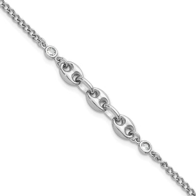 Sterling Silver Rhodium-plated Puffed Mariner Center with Side CZs with Extender Bracelet