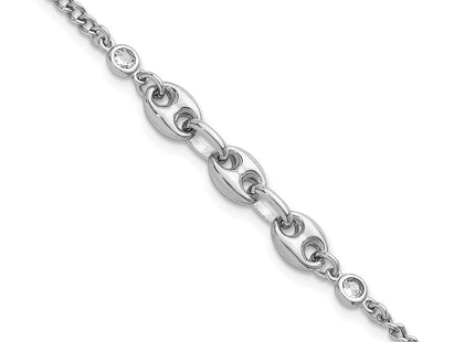 Sterling Silver Rhodium-plated Puffed Mariner Center with Side CZs with Extender Necklace