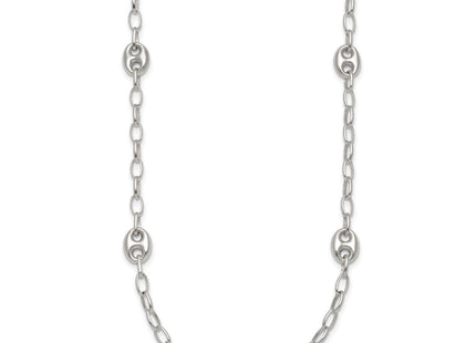 Sterling Silver Puffed Anchor/Mariner Link and Chain 7-Station with 1. Extension Necklace (Style QG6922-17)