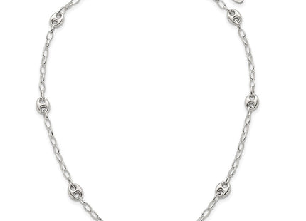 Sterling Silver Puffed Anchor/Mariner Link and Chain 7-Station with 1. Extension Necklace (Style QG6922-17)