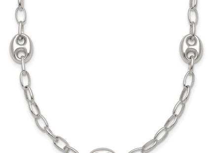 Sterling Silver Puffed Anchor/Mariner Link and Chain 7-Station with 1. Extension Necklace (Style QG6922-17)