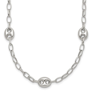 Sterling Silver Puffed Anchor/Mariner Link and Chain 7-Station with 1. Extension Necklace (Style QG6922-17)