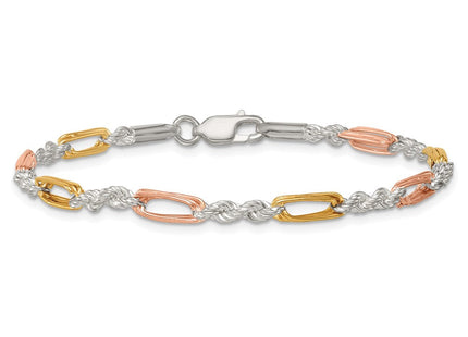 Sterling Silver Rose-tone and Gold-tone Polished Figaro Rope 7. Bracelet (Style QG6924-7.5)