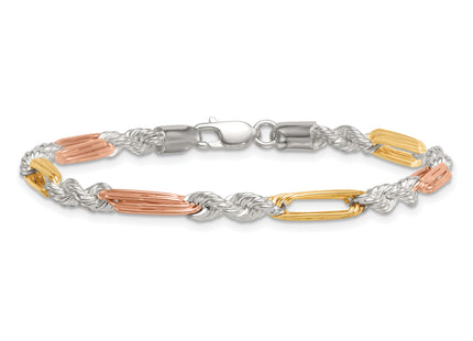 Sterling Silver Rose-tone and Gold-tone Polished Figaro Rope 7. Bracelet