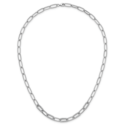 Sterling Silver Rhodium-plated Polished Fancy CZ Paperclip Chain Necklace