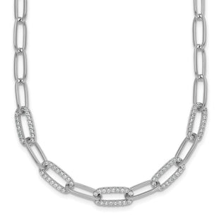 Sterling Silver Rhodium-plated Polished Fancy CZ Paperclip Chain Necklace (Style QG6933-18)
