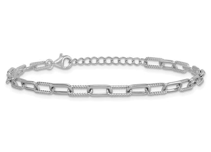 Sterling Silver Rhodium-plated Polished and Twisted Paperclip Link with Extension Necklace