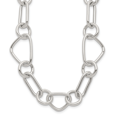 Sterling Silver Polished Triangle Round and Oval Link with extender Necklace