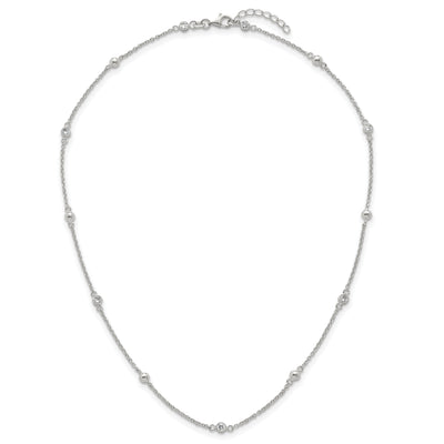 Sterling Silver Polished and Beaded CZ with Extension Necklace