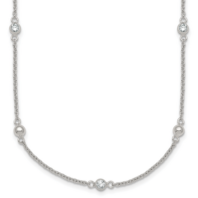 Sterling Silver Polished and Beaded CZ with Extension Necklace