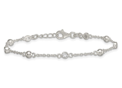 Sterling Silver Polished and Beaded CZ 6. with 0. Extension Necklace