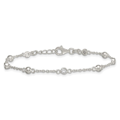 Sterling Silver Polished and Beaded CZ with Extension Necklace