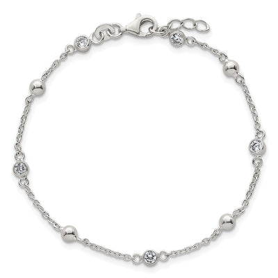 Sterling Silver Polished and Beaded CZ with Extension Necklace