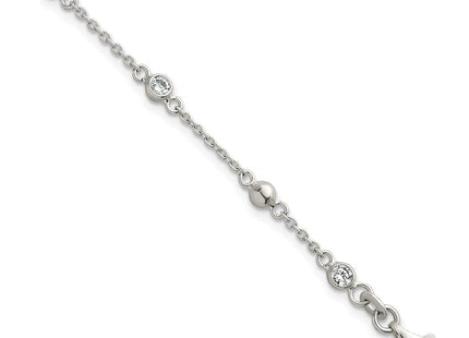 Sterling Silver Polished and Beaded CZ 6. with 0. Extension Necklace