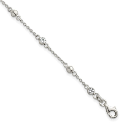 Sterling Silver Polished and Beaded CZ with Extension Necklace