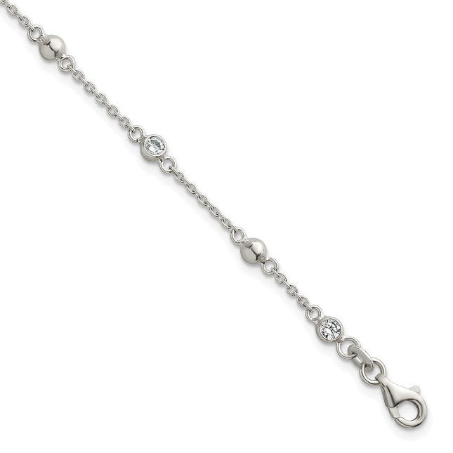 Sterling Silver Polished and Beaded CZ 6. with 0. Extension Necklace