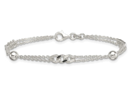 Sterling Silver Polished and Beaded Fancy Double-Strand Link