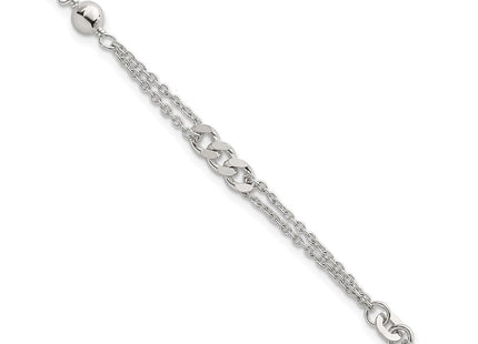 Sterling Silver Polished and Beaded Fancy Double-Strand Link