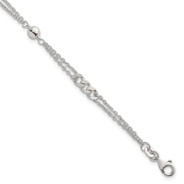Sterling Silver Polished and Beaded Fancy Double-Strand Link, 17.5 x 1mm