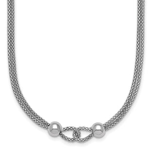 Sterling Silver Rhodium-plated Polished Beads Double Strand Mesh with Extender Necklace (Style QG6945-16)