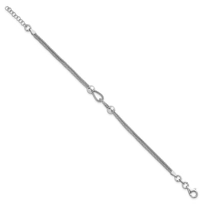 Sterling Silver Rhodium-plated Polished Beads Double Strand Mesh with Extender Bracelet