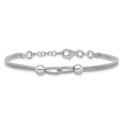 Sterling Silver Rhodium-plated Polished Beads Double Strand Mesh with Extender Bracelet