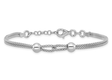 Sterling Silver Rhodium-plated Polished Beads Double Strand Mesh with 0. Extender Necklace