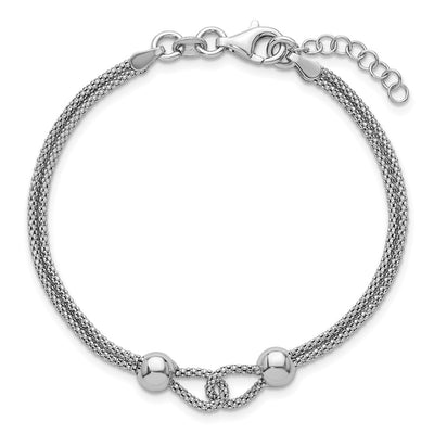Sterling Silver Rhodium-plated Polished Beads Double Strand Mesh with Extender Bracelet