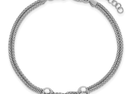 Sterling Silver Rhodium-plated Polished Beads Double Strand Mesh with 0. Extender Necklace