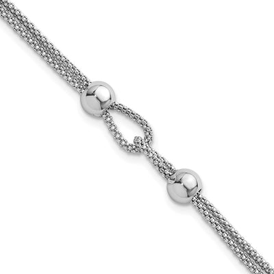 Sterling Silver Rhodium-plated Polished Beads Double Strand Mesh with Extender Bracelet