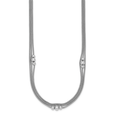 Sterling Silver Rhodium-plated Beaded Triple Strand Mesh with Extension Necklace