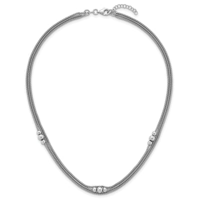 Sterling Silver Rhodium-plated Beaded Triple Strand Mesh with Extension Necklace