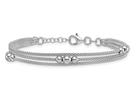 Sterling Silver Rhodium-plated Beaded Triple Strand Mesh with 0. Extension Necklace