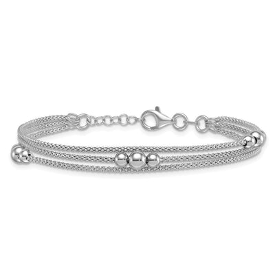 Sterling Silver Rhodium-plated Beaded Triple Strand Mesh with Extension Necklace
