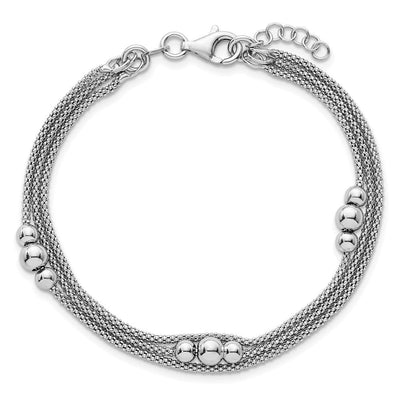 Sterling Silver Rhodium-plated Beaded Triple Strand Mesh with Extension Necklace