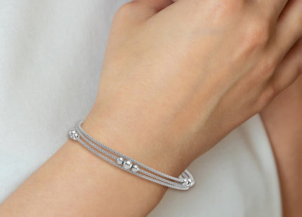 Sterling Silver Rhodium-plated Beaded Triple Strand Mesh with 0. Extension Bracelet