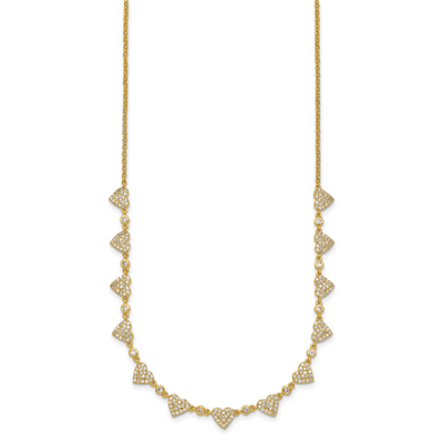 Sterling Silver Gold-tone Polished Pavé CZ Hearts with Extension Necklace