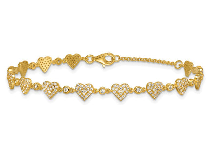 Sterling Silver Gold-tone Polished Pave CZ Hearts with Extension Necklace