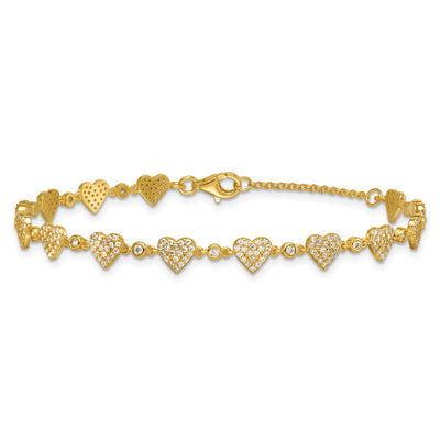 Sterling Silver Gold-tone Polished Pavé CZ Hearts with Extension Necklace