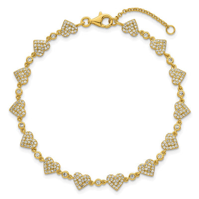 Sterling Silver Gold-tone Polished Pavé CZ Hearts with Extension Necklace