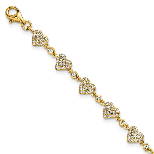 Sterling Silver Gold-tone Polished Pave CZ Hearts with Extension Necklace